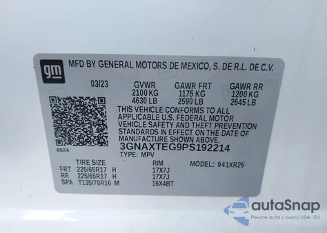 2023 Chevrolet Equinox Awd 2Fl из США, поврежденный, VIN 3GNAXTEG9PS192214